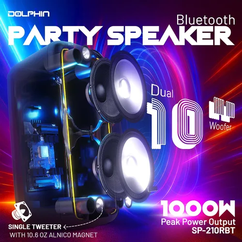 Vista 3 de Dolphin Altavoz Bluetooth dual de 10 pulgadas para fiestas, altavoz grande de 1000 W con 2 micrófonos inalámbricos, graves potentes, luces LED