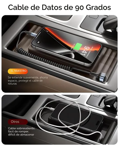 Vista 8 de Cable USB A a USB C de 90 grados, paquete de 2 cables USB tipo C en espiral de 3 pies para automóvil, cable de carga rápida USB-C compatible