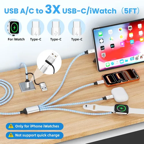 Vista 2 de Travel Essentials - Cable de carga múltiple para iWatch Charger, 4 en 2, 3XUSB C, cable de carga múltiple, USBC Car CarPlay compatible con iWatch