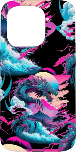 Vista 14 de Dragon Vaporwave Abstract Landscape Moon Tree Waterfall Case for iPhone 17
