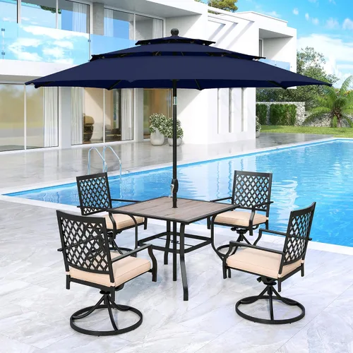 Vista 38 de MFSTUDIO Juego de mesa de comedor para patio al aire libre con paraguas, 4 sillas giratorias y 1 x 37 cuadrado Bistro forjado Iorn Slat mesa grande