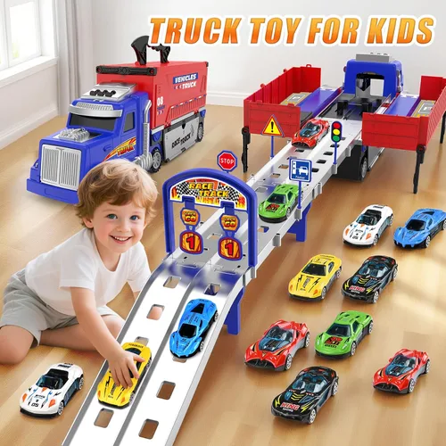 Vista 3 de SpringFlower - Juguetes de pista de carreras con camión portaequipajes, juguetes para niños de 3, 4, 5, 6 años con luces y sonidos, pista