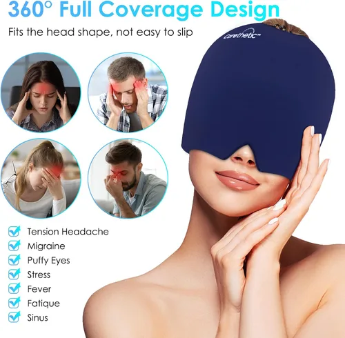 Vista 2 de Carethetic - Gorro de alivio de migraña - Sombrero de terapia de frío y calor, tapa ergonómica de gel para migrañas, estrés y ojos hinchados, ajuste