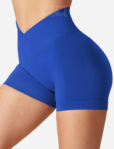 Vista 5 de QOQ Pantalones cortos de entrenamiento para mujer, 3.6 pulgadas, cintura cruzada en V, pantalones cortos de gimnasio sin costuras, cintura alta