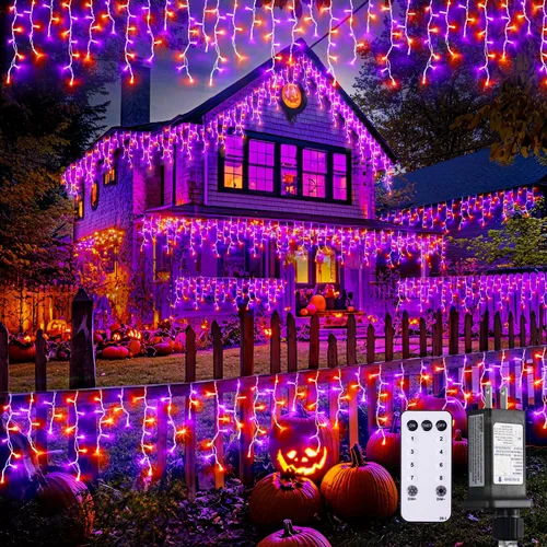 Vista 27 de JMEXSUSS 400 luces LED de Navidad de carámbano de 38.8 pies con control remoto, tira de luces multicolor para exteriores enchufables, 8 modos