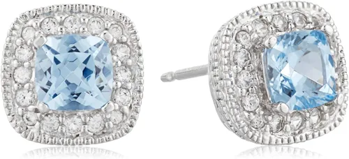 Vista 7 de Amazon Essentials Aretes de plata de ley con piedra natal de corte cojín y zafiro blanco creado (anteriormente colección Amazon)