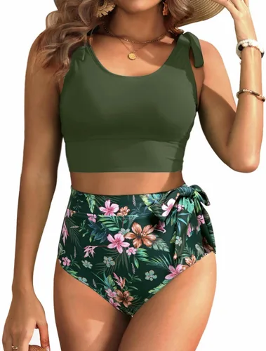 Vista 27 de Trajes de baño de dos piezas de cintura alta - Bikini con control de abdomen para mujer, traje de baño modesto 2 piezas 2025 Hot Red