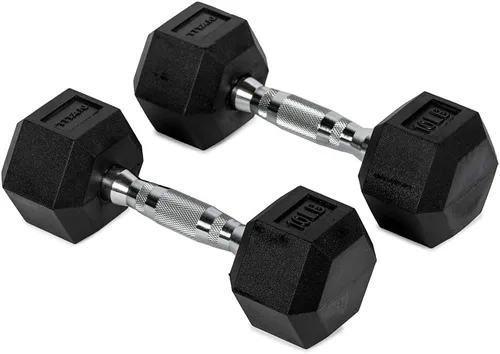 Vista 18 de Titan Fitness Pair Rubber Coated Hex Dumbbells, Roll-Resistant Hexagonal Free Weights, Chrome-Coated Handles with Knurling, Strength Training