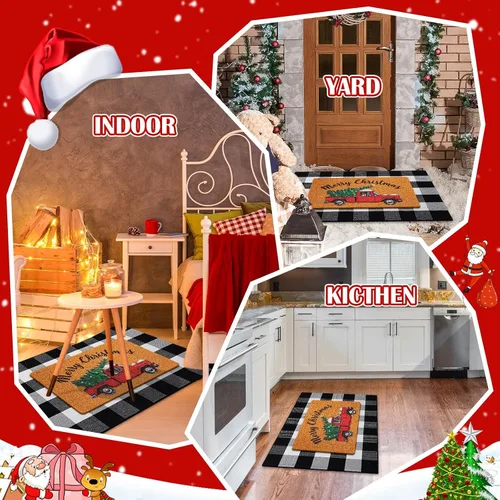 Vista 6 de Geelin 2 Tapetes de Puerta de Navidad, Felpudo Delantero Navideño a Cuadros Buffalo Blanco y Negro, Alfombra Decorativa de Árbol de Navidad