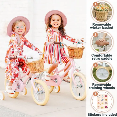 Vista 2 de Petimini Bicicleta para niñas con cesta para niños de 2 a 12 años, 12, 14, 16, 18, 20 pulgadas, con campana y ruedas de entrenamiento, varios