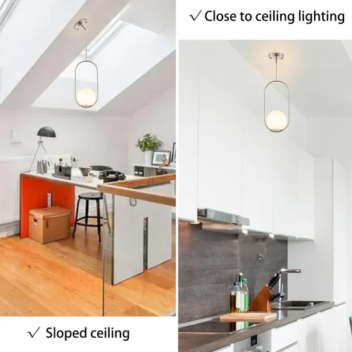 Vista 7 de BYOLIIMA Lámpara Colgante Moderna de Globo Níquel Cepillado Candelabro 1-Luz Mediados de Siglo Luminaria Colgante de Techo Pantallas de Vidrio