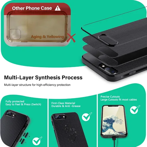 Vista 2 de ONES Funda delgada para iPhone 8 Plus / 7 Plus, cubierta de patrón de fibra de carbono, funda protectora a prueba de golpes con diseño minimalista