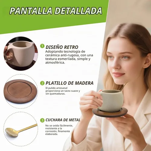 Vista 4 de Taza de café de cerámica con platillo de madera natural y cuchara, 8.5