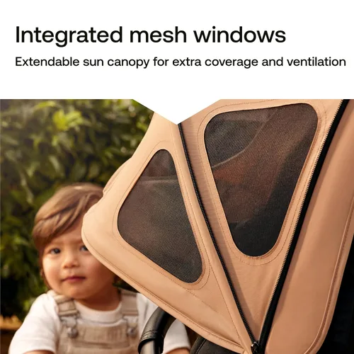 Vista 4 de Bugaboo Toldo para el sol con mosquitera para cochecitos de canguro y zorro, color cereza oscuro Paneles de ventilación, tejido UPF 50+, repelente