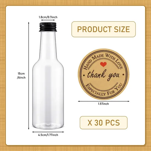 Vista 2 de Roshtia Mini botellas de licor – 30 piezas con 2 hojas de calcomanías, botellas de plástico de 5 onzas de alcohol espiritual para bodas, suministros