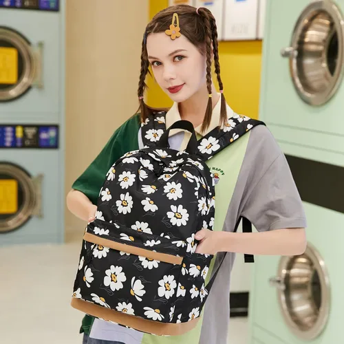 Vista 7 de Mochila para niñas con lonchera para niños, mochila para la escuela, ligera, resistente al agua, negro (Daisy Black), Mochila con fiambrera