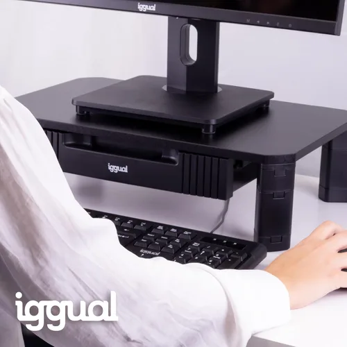 Vista 7 de iggual EM1 elevator monitor with 1 drawer front.-Elevator stand with removable and non-slip feet.- Two heights, 13 cm max. and 10 cm min.- Support