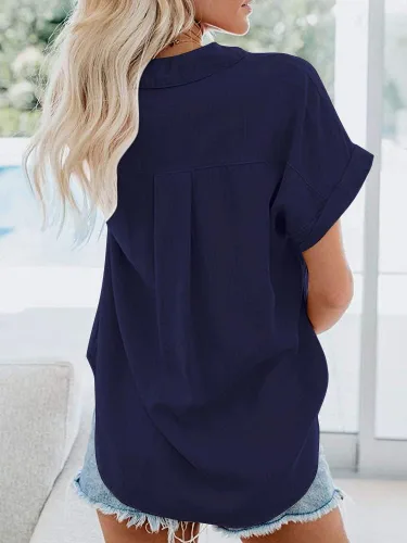 Vista 3 de APRAW Camisas casuales de manga corta con botones para mujer, de verano, de algodón, lisas, con bolsillos