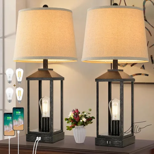 Vista 10 de Juego de 2 lámparas de mesa de granja de 28 pulgadas para sala de estar, lámpara de noche regulable de 3 vías con puertos USB, lámparas de mesa