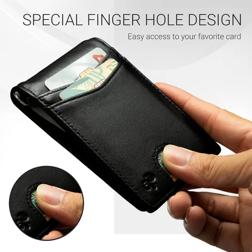 Vista 2 de GULEYRI Cartera delgada de cuero italiano plegable para hombres y mujeres con clip para dinero y bloqueo RFID, soporte minimalista para tarjetas