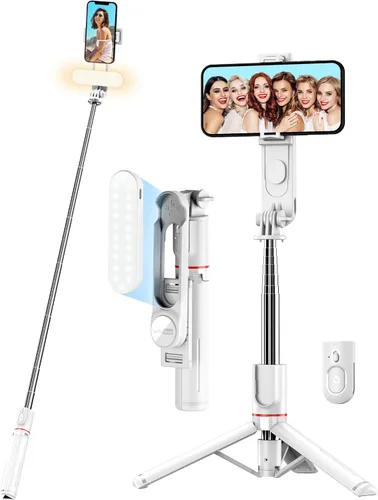 Vista 10 de Trípode estable para selfie stick con luz de relleno, palo selfie extensible de 44 pulgadas con control remoto inalámbrico y soporte de trípode Negro