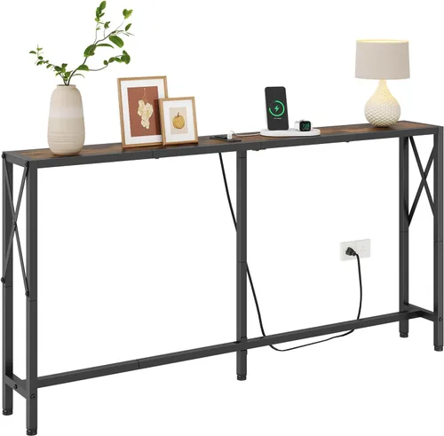 Vista 10 de Gewudraw - Mesa de sofá estrecha de 55.1", mesa consola con tomas de corriente y puertos USB, mesa de entrada, mesa de sofá industrial para pasillo