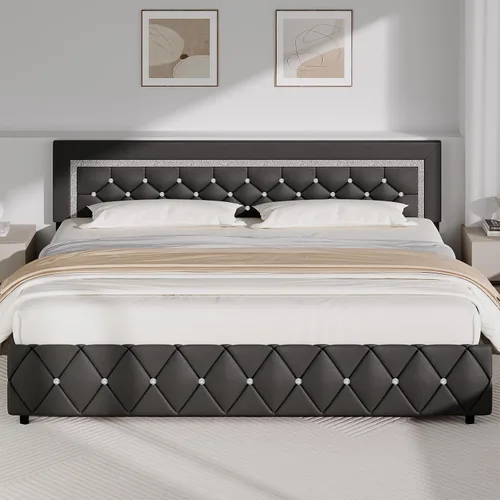 Vista 17 de BarnFurin Base de cama individual con cabecero, cama tapizada con diseño capitonado de diamante, marco de cama para niños con soporte de listones