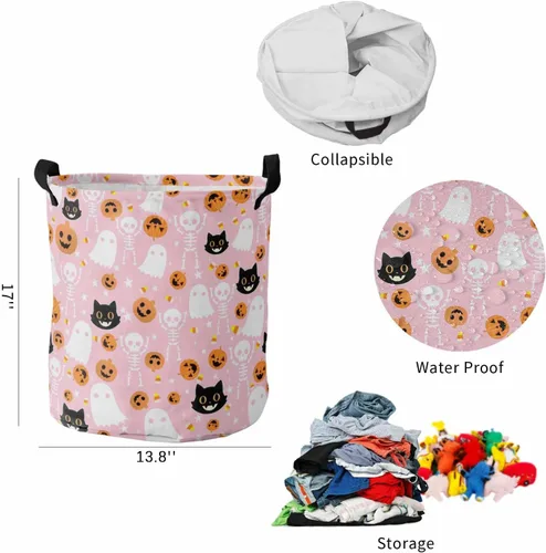 Vista 5 de Cesta de lavandería rosa para Halloween, bolsa plegable con asas fáciles de transportar, pequeña cesta plegable independiente, plegable, Blanco