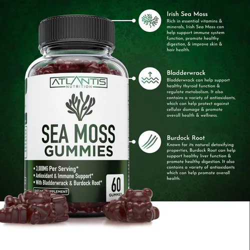 Vista 3 de Gomitas de musgo marino irlandés, 3000 mg, formuladas con musgo marino irlandés, vejiga y raíz de bardana, contienen vitaminas y minerales