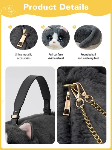 Vista 4 de Bolso cruzado con forma de gato con correa ajustable y cadena de metal, bolso de gato para mujer