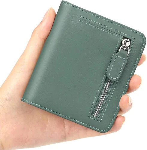Vista 4 de Funtor Cartera de cuero para mujer, pequeña y compacta, con bolsillo doble, bloqueo RFID, para mujer