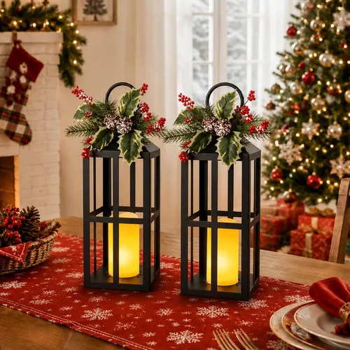 Vista 6 de Bdor Christmas Lanterns 2 Pack with LED Candles for Christmas Porch Decor