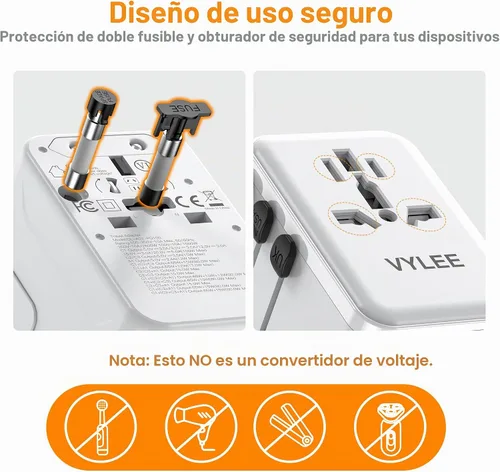 Vista 7 de VYLEE PD100W GaN Adaptador de Viaje Universal, Adaptador de Corriente Internacional Todo en Uno, 3 USB C y 1 USB A y Salida de CA, Adaptador