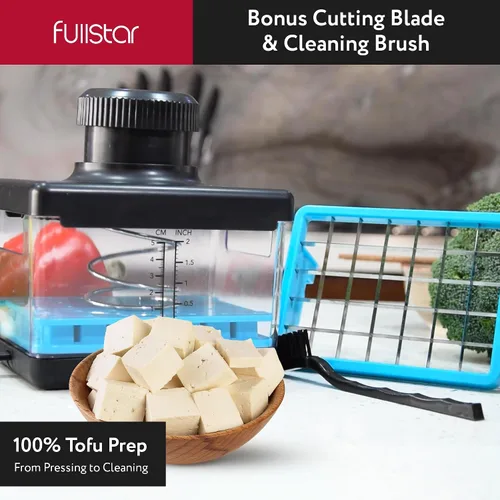 Vista 5 de Fullstar Prensa y cortador de tofu 2 en 1, apto para lavavajillas, sin BPA, caja de prensa para tofu extra firme y sedoso (azul)