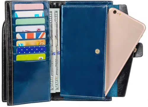 Vista 5 de YALUXE Cartera de piel auténtica para mujer, con bloqueo RFID, tarjetero múltiple con bolsillo para teléfono celular