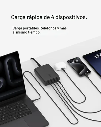 Vista 2 de Belkin Bloque de cargador USB C de 4 puertos, cargador multipuerto GaN de 200 W, carga rápida USB-C PD 3.1 + cable de alimentación de 5 pies