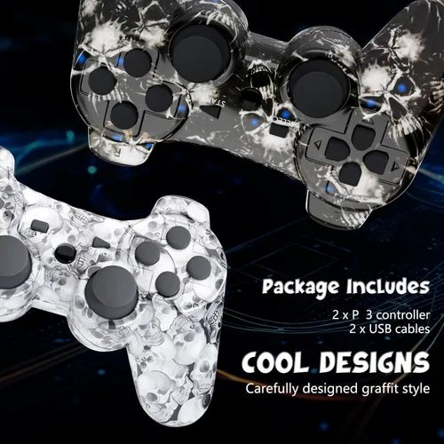 Vista 4 de Controller for PS-3 Wireless, Gaming Remote Joystick for Play 3 with Charger Cable Cord (Black Ghost, White Skull)