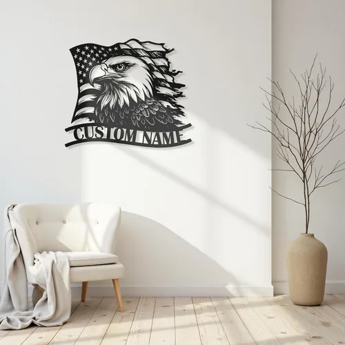 Vista 2 de Letrero de metal personalizado de águila y bandera estadounidense, arte de pared patriótico con nombre personalizado, decoración de hierro