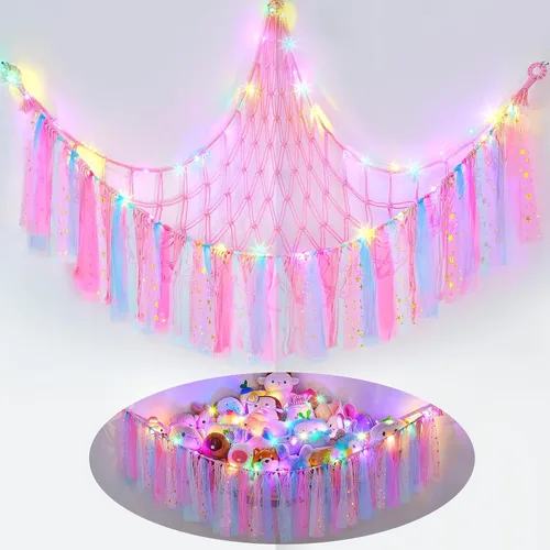 Vista 18 de FIOBEE Red de Animales de Peluche o Hamaca con Luz LED, Hamaca de Juguetes Colgante Organizador de Almacenamiento Soporte para Animales de Peluche