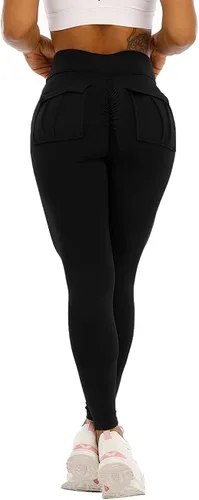 Vista 2 de HIOINIEIY Leggings fruncidos con levantamiento de glúteos para mujer, cintura alta, pantalones de yoga con bolsillos