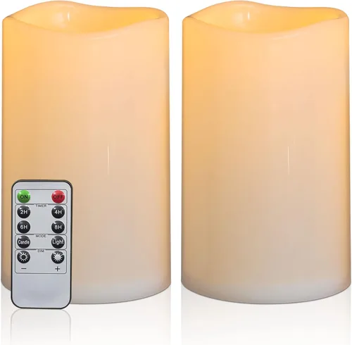 Vista 12 de juego de 2 velas sin llama impermeables para exteriores de 10" x 5", operadas por baterías, LED parpadeantes, velas pilar con control remoto