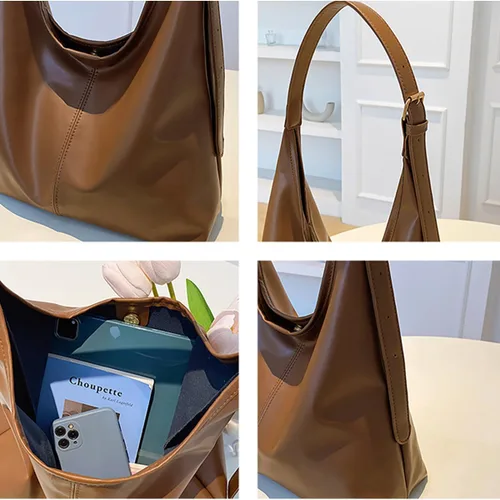 Vista 4 de Bolso Hobo para mujer - Bolso de mano de cuero vegano, bolso de hombro y cartera para mujer, bolso de hombro grande y suave Marrón claro