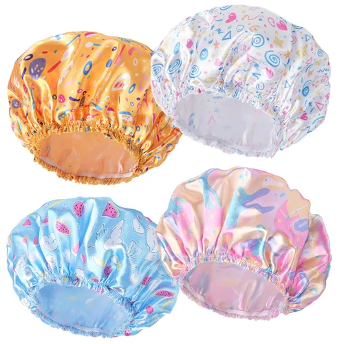 Vista 23 de 4 piezas de gorros de ducha para mujer, gorros de baño con estampado, gorro de ducha de doble capa reutilizable e impermeable, gorros de ducha