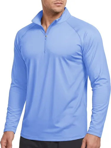Vista 15 de CRYSULLY Camiseta de manga larga con cremallera de 1/4 para hombre, con protección solar, pullover UPF 50+, rash guard para correr, camiseta ligera