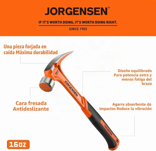 Vista 3 de JORGENSEN Martillo de garra forjado de una sola pieza de 16 oz con soporte magnético para clavos Magnetic Nail Holder, Rip Claw Hammer, Milled