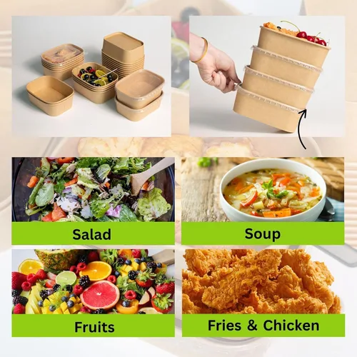 Vista 2 de Recipiente desechable de 17 onzas con tapas, 50 juegos de tazones de papel para acai compostables para fideos de sopa, aptos para microondas