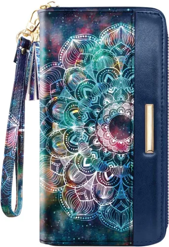 Vista 8 de Carteras para mujer, de piel sintética, tarjetero organizador con borla y correa de muñeca, Mándala, Casual