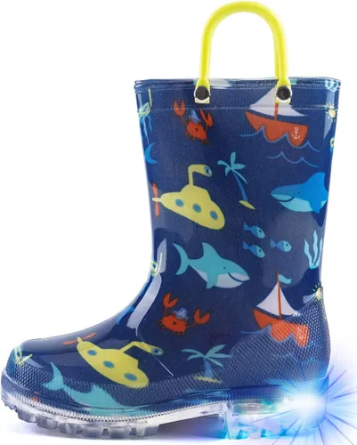 Vista 23 de HugRain - Botas de lluvia con luces para niños pequeños Cosmos Negro