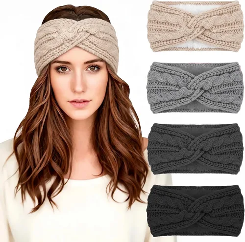 Vista 8 de Chalier Winter Headbands for Women, Crochet Ear Warmer Headband Beige/Negro/Gris Oscuro/Rojo