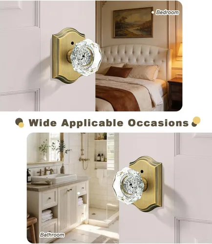 Vista 9 de Gobrico Juego de pomos de puerta de vidrio transparente para interiores, cerradura de puerta de cristal de diamante de privacidad en latón antiguo
